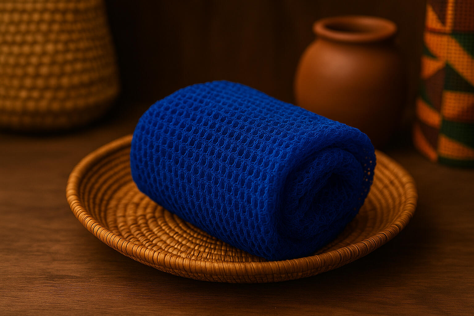 Royal Blue African Net Sponge – Deep Exfoliating Bath Tool for Body Care Rolled royal blue African net sponge on a rustic surface – exfoliating mesh cloth used for deep skin cleansing and body care